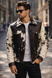 Veste en cuir de vache véritable pour homme, imprimé animal, col rabattu, fermeture éclair, style motard, vêtements d'hiver - Product Image 3