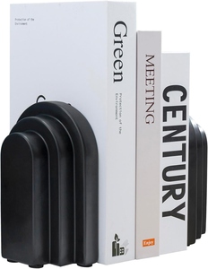 Minimalist Black Plastic Bookends Geometric Curve Design 2Pcs Sculptural <b>Book</b> Holders - Product Image 2