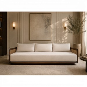 Sofá de 3 Plazas de Madera de Teca Sólida, Curvo, Minimalista y Duradero, con Panel Lateral de Ratán y Cojín, para Apartamento, Hotel o Villa - Product Image 1
