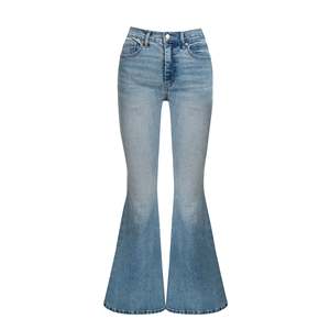 Pantalon en jean évasé taille haute pour femme, décontracté, longueur intégrale, bleu délavé, en coton, avec braguette boutonnée - Product Image 1