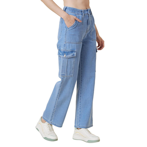 Women Denim Cargo Pants High Waisted Wide Leg Jeans Light Wash Multi Pocket Loose Utility Denim Trousers Lady - Product Image 2