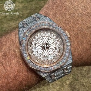 Montre de luxe pour homme en acier inoxydable, étanche, avec diamants Moissanite VVS couleur D, style « Iced Out », du fournisseur indien, en vente - Product Image 6