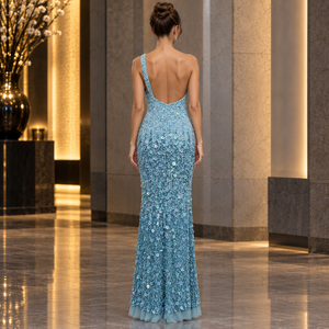 Asymmetrical <b>Sequin</b> Evening Dress One-Shoulder Keyhole Fitted Sheath | Blue Floor Length Side Slit Embellished Formal Party Gown - Product Image 4