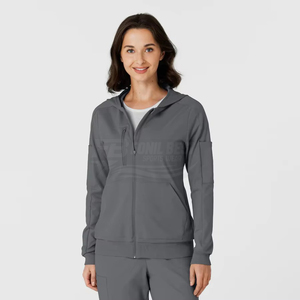 Chaqueta de Enfermería Gris con Capucha para Mujer, con Cierre Completo y Bolsillos, Uniforme de Hospital de Poliéster Tejido para Personal Médico - Product Image 1