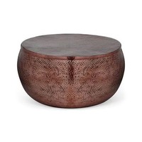 Table basse ronde en fer forgé, finition cuivre martelé, artisanale indienne, design industriel, meuble de salon en métal fait main