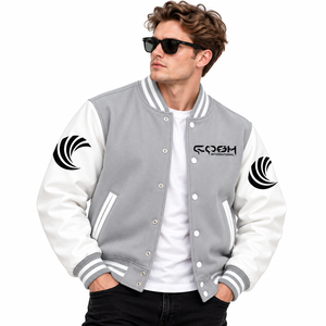 Veste varsity pour homme, couleur gris, blocs de couleurs, manches blanches, boutons pression, col montant, imprimé lettres, style décontracté - Product Image 4