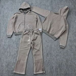 Nouveauté 2026 Ensemble de survêtement streetwear ample en tissu épais, délavé à l'acide, vintage, avec sweat à capuche entièrement zippé et pantalon de survêtement évasé à bords bruts - Product Image 6