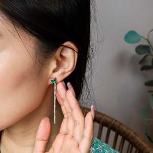 Boucles d'oreilles pendantes longues en émeraude véritable, bijoux en argent sterling 925, cadeaux d'anniversaire pour elle - Product Image 4