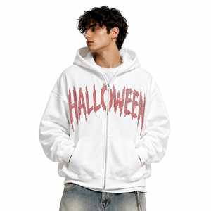 Sudaderas con capucha blancas personalizadas al por mayor para hombre, estilo oversize, gruesas, estilo streetwear, con logo gráfico rojo impreso. - Product Image 1