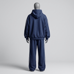 Navy Blue Oversized Sweatsuit <b>Men</b> Hoodie Track Pants Set White Stripe Sleeve Straight Leg <b>Trousers</b> Small Chest Logo <b>Sport</b> Outfit - Product Image 3