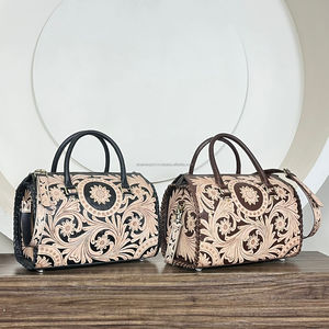 Custom Hand <b>Tooled</b> <b>Leather</b> Floral Design Duffel Bags Large Capacity Genuine Cow <b>Leather</b> Travel Weekender Speedy Luggage Bags - Product Image 5
