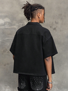 Rhinestone Denim <b>Shirt</b> <b>Mens</b> All Over Sparkle Glitter Washed Black Bling Embellished Short Sleeve Boxy Oversized - Product Image 2