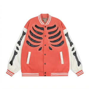 Blouson Bomber Varsity Personnalisé avec Applique Squelette Imprimée, Manches en Laine/Viscose, Style Streetwear Hip Hop Vintage pour Homme Hiver - Product Image 1