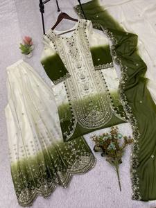 Green <b>White</b> Embroidered Georgette Indian Pakistani Set Long Sleeve Anarkali Top Net <b>Palazzo</b> Dupatta Quick Dry Wedding Festival - Product Image 3