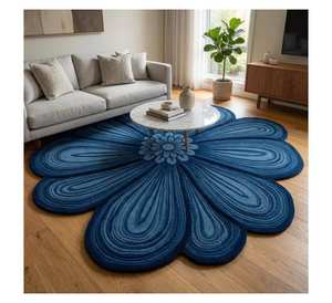 Tapis en laine tufté à la main, motif floral irrégulier bleu, sculpté en 3D, inspiré de la nature, forme de fleur épanouie - Product Image 1