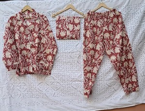 Wine Burgundy Cream Large Floral Vine Block Print Cotton Women's Night Suit Long Sleeve Shirt Full <b>Pant</b> Pouch Matching Coord - Product Image 2