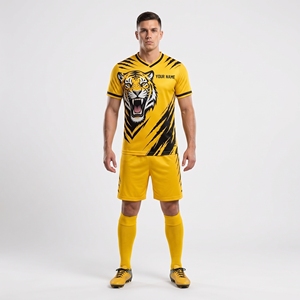 Uniforme de Fútbol Sublimado Personalizado, Camiseta y Pantalones Cortos con Estampado de Tigre Amarillo y Negro para Hombre - Product Image 1