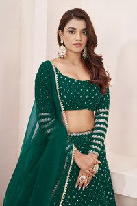Ensemble Lehenga Choli vert vintage en georgette tissée avec dentelle Zari et sequins, tenue de mariage ethnique pour femme, longueur ras du sol - Product Image 3