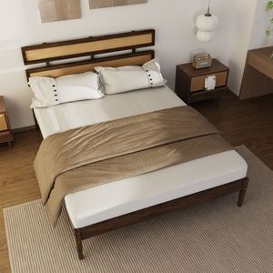 Testiera in Legno di Pino Bohemien Queen Size con Intreccio in Rattan e Finitura Noce Scuro - Product Image 1