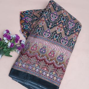 Tela de crepé ligera negra carbón con bordado floral de 54 pulgadas, diseño de borde Daman, para Kurti, Anarkali, Gown, Salwar - Product Image 3