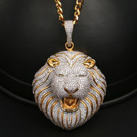 Pendentif Tête de Lion Iced Out pour Homme, Breloque Animale de Luxe Hip Hop avec Pierres de Zircon Cubique Brillantes Rondes en Argent et Or