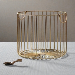 Modern Gold Metal <b>Wire</b> <b>Storage</b> <b>Basket</b> With Handles Circle Shape Multi Purpose Neatening Organizer - Product Image 1