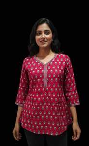 <b>Indian</b> Casual Wear Pure Cotton Red Floral Printed Lightweight Peplum Neck Short Women's Ethnic Kurti <b>Top</b> - Product Image 5