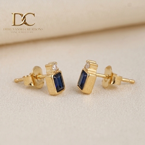 IGI Certified 9K Solid Gold Lab Grown Diamond and Royal <b>Blue</b> <b>Sapphire</b> Stud <b>Earring</b> Women Custom Wholesale Jewelry Manufacturer - Product Image 4