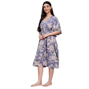 Robe kaftan pour femmes, imprimée, en coton, col en V, longueur genoux, robe de nuit - Product Image 2