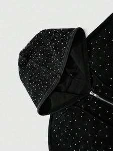 OEM Sweat à capuche zippé en polaire, imprimé léopard, entièrement orné de strass et de cristaux scintillants, coupe oversize, style streetwear, épais pour l'hiver - Product Image 2