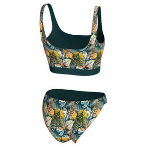 Conjunto de Bikini Floral Tropical para Mujer, Top Corto con Cuello Redondo, Braguita Hipster, Spandex, Poliéster Elástico, Estampado, Traje de Baño de Dos Piezas - Product Image 6