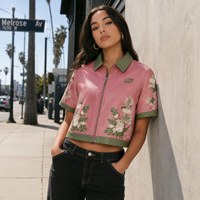 Blouson de moto en cuir tissé matelassé à imprimé floral rose pour femme, manches courtes, fermeture éclair, col contrastant, coupe courte, automne-hiver
