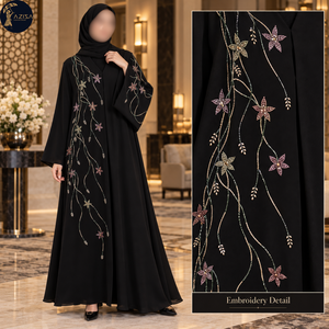 อาบายะสีดำปักลายดอกไม้แบบเถาวัลย์ คอวี แขนพลิ้ว |   ชุดเดรสยาวแบบเรียบร้อยสำหรับโอกาสกลางคืนหรือกลางวันที่สง่างาม - Product Image 2