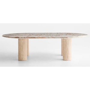 Table à manger ovale moderne avec plateau en marbre et pieds en bois, design minimaliste, meubles pour la maison - Product Image 1