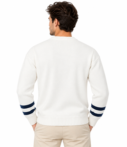 Suéter de Punto Premium Livster para Hombre, Cuello en V, Color Blanco Invernal, Rayas Chevron Azul Marino, Manga Larga, Logotipo Frontal, Talla XL - Product Image 3