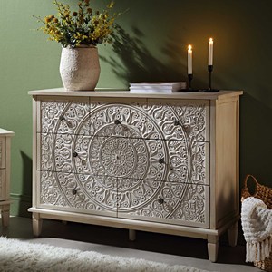 Commode à 6 tiroirs en bois sculpté, blanc antique, avec motif floral mandala, pour salon - Product Image 3