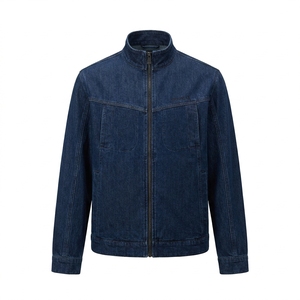 Veste en jean bleu foncé pour homme, coupe classique, fermeture éclair, style décontracté, couleur unie, tissu en coton tissé, vêtement d'automne - Product Image 1