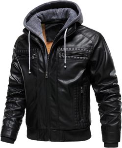 <b>Men</b> Black PU <b>Leather</b> Moto Biker <b>Jacket</b> Hooded Zipper Front Solid Color Winter Slim Fit Regular Sleeve Windproof - Product Image 4