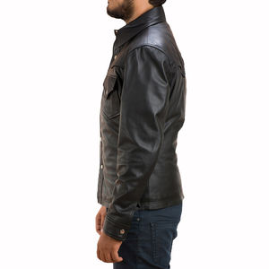 Chaqueta de Cuero Genuino Negra para Hombre, Chaqueta de Cuero Casual con Botones al Frente, Chaqueta de Cuero Clásica a la Moda, Fabricante Personalizado - Product Image 5