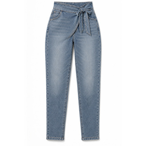 Jean en denim fuselé à taille haute pour femme, coupe tulipe, devant croisé, bleu ardoise, jambe droite, délavage moyen, taille XL - Product Image 1