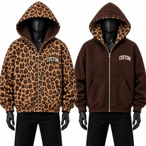 Sudadera con Capucha Reversible con Estampado Animal, Forro Polar Suave, Color Marrón, Diseño Personalizado, Ropa Urbana, Marca Privada, B2B, EE. UU. - Product Image 1