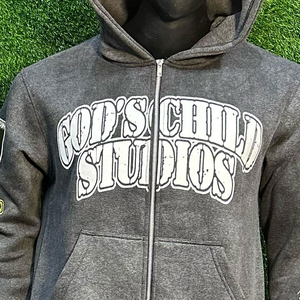 Sweat à capuche entièrement zippé personnalisé avec patchs en chenille et broderie de lettres, effet délavé, hiver, 100% coton molletonné, écologique, 2 couleurs - Product Image 5