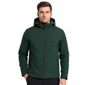<b>Men's</b> Dark Green Hooded Waterproof Softshell <b>Jacket</b> Stand Collar Full Zip Casual Outdoor Windbreaker Regular Fit Autumn Wear - Product Image 1
