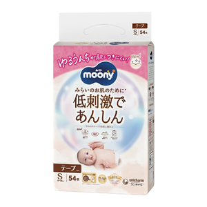 Nouvelles couches pour bébé Unicharm Moony Natural Tape fabriquées au Japon, taille S, 54 pièces × 4 paquets – Douces, protection anti-fuites 3D, vente en gros - Product Image 1