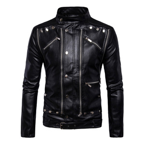 แจ็คเก็ตหนังมอเตอร์ไซค์แฟชั่นใหม่ ทรงเข้ารูป กระดุมแถวเดียว สำหรับฤดูใบไม้ผลิ บริการ OEM ซิปหลายจุด สีดำ สำหรับผู้ชาย - Product Image 2