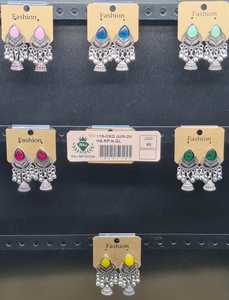 Pendientes Jhumka de Plata Oxidada India con Piedra en Forma de Lágrima, Motivo de Hoja, Colgante Ghungroo, Mini Campana en Forma de Cúpula, Joyería al por Mayor - Product Image 1