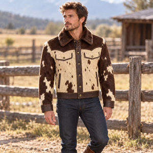 Veste de cowboy pour homme en patchwork de cuir de vachette, style western trucker, avec col en peluche, coupe courte, boutonnée sur le devant, vêtement d'extérieur décontracté urbain et tendance - Product Image 5
