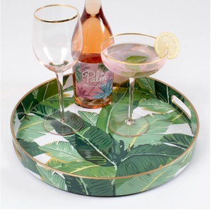 Bandeja de Servir con Diseño Bohemio, Borde Dorado y Patrón de Hojas Tropicales, Bandeja Decorativa de Madera y Esmalte, Exportador OEM ODM - Product Image 5