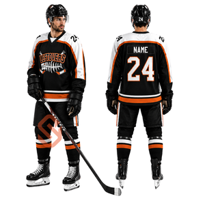 Custom Ice Hockey Jersey <b>Men</b> Black <b>White</b> Orange Sublimated Name Number Team Uniform Wholesale OEM Pro Hockey Wear USA Canada - Product Image 1