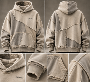 Sweat-shirt surdimensionné personnalisé pour homme, style streetwear, avec patchwork crème, effet vieilli et bords bruts - Product Image 6